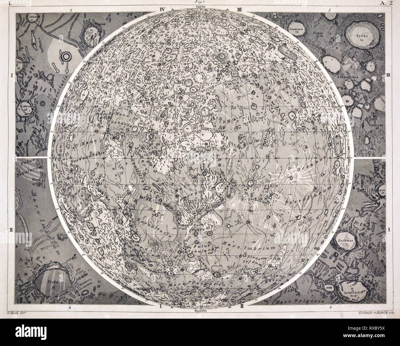 1849 Bilder Astronomia Stampa della superficie della Luna e i suoi crateri Foto Stock