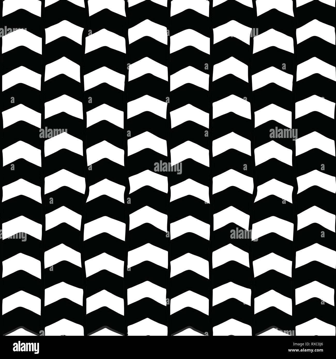 Chevron sfondo vettoriale senza cuciture disegnato a mano in bianco e nero. Schema astratto frecce monocromatiche. Illusione ottica dello sfondo ripetuta. Per tessuto Illustrazione Vettoriale