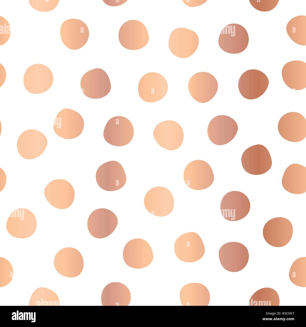 Polka puntini lamina di rame su sfondo vettoriale bianco senza giunture. Cerchi di oro rosa che ripetono il modello. Sfondo elegante. Utilizzare per l'invito, la celebrazione Illustrazione Vettoriale