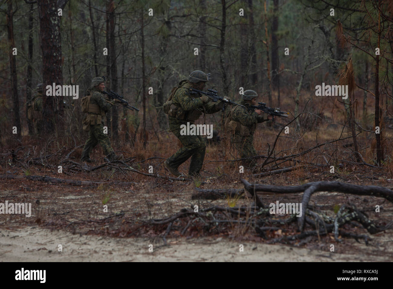 Stati Uniti Marines con 2° Battaglione, 2° Reggimento Marine, seconda divisione Marine, il pattugliamento della zona durante la partecipazione in un assalto meccanizzata su Camp Lejeune, N.C., Marzo 6, 2019. Questo modulo di formazione include più elementi di combattimento per mantenere la disponibilità di missione e di potenziare l'efficacia operativa. (U.S. Marine Corps photo by Lance Cpl. Nathaniel Q. Hamilton) Foto Stock