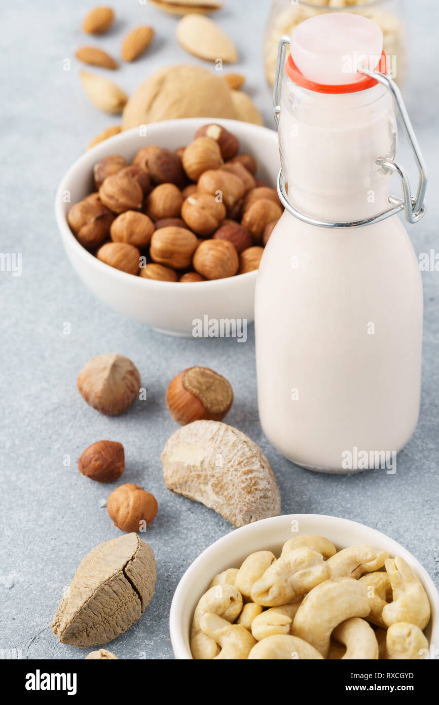 Senza latte e derivati del latte del dado in una bottiglia di vetro e varie materie i dadi. La salute e la dieta. Foto Stock