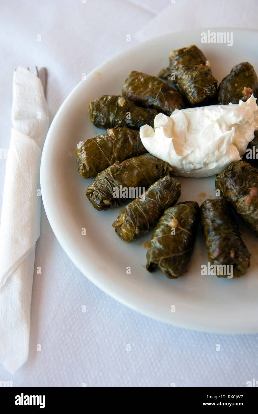 Un piatto di dolmades, foglie d'uva ripiene, servito con yogurt sull'isola greca di Creta. Foto Stock