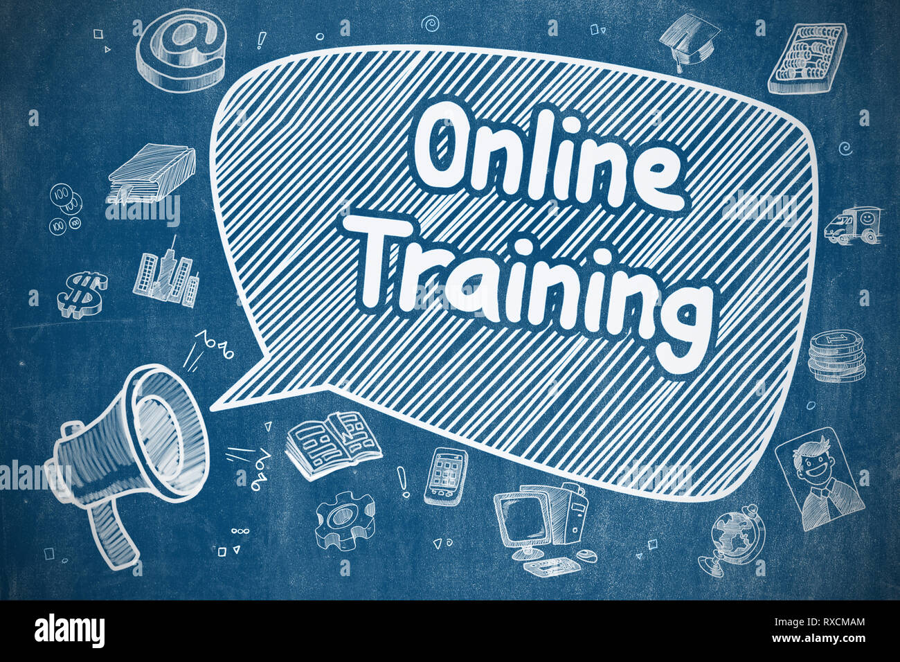 La formazione online - Doodle illustrazione sulla lavagna blu. Foto Stock