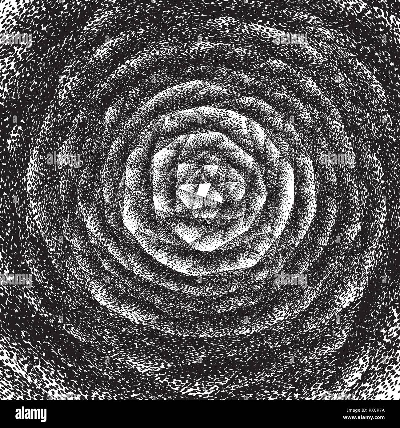 Abstract background. Buco nero con linee tratteggiate. Carta da parati Dotwork Illustrazione Vettoriale