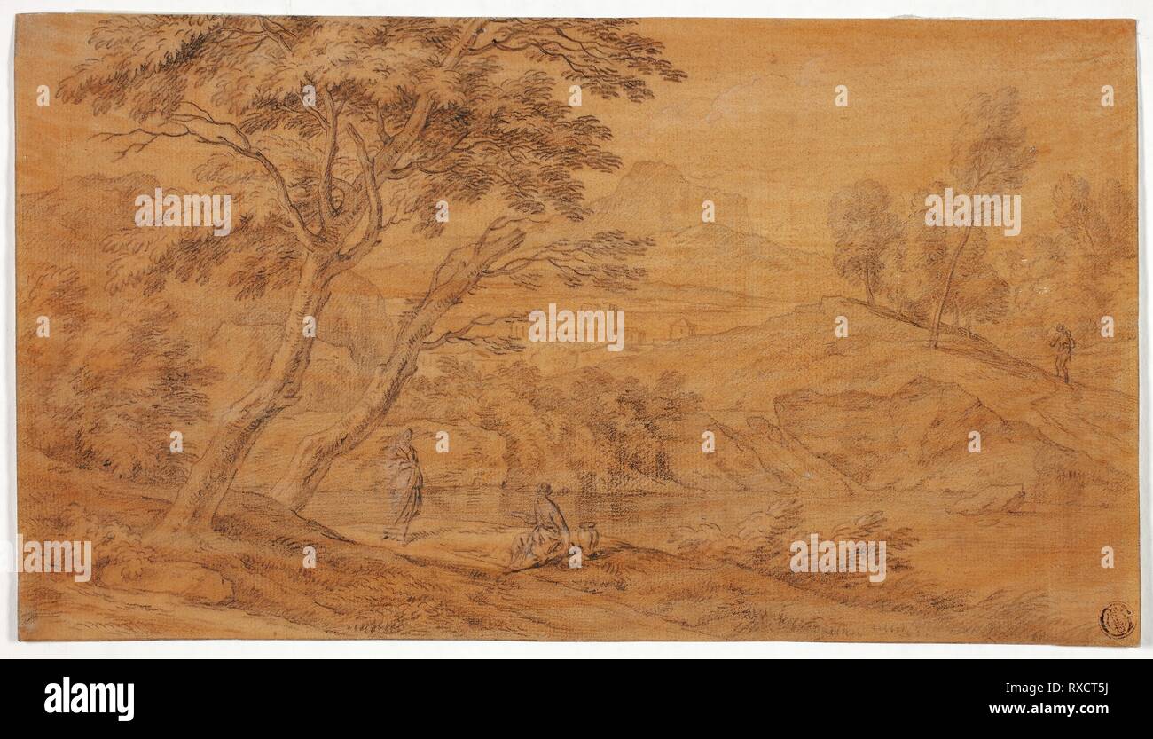 Paesaggio con figure da un flusso. Johannes Glauber o scuola di; Olandese, 1646-c. 1726. Data: 1660-1750. Dimensioni: 170 x 304 mm. Gesso nero su arancione, oscurata, di cui la carta. Origine: Holland. Museo: Chicago Art Institute. Foto Stock