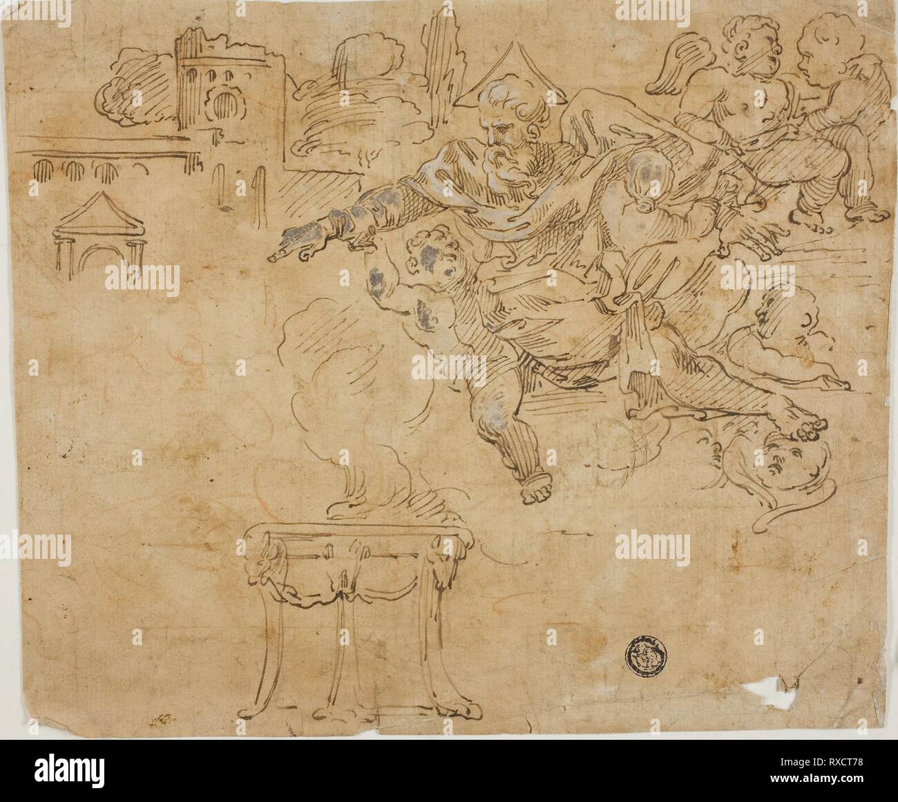 Dio il Padre. François Boitard; francese, c. 1670-1720. Data: 1630-1725. Dimensioni: 181 × 219 mm. Penna e inchiostro bruno, intensificato con filo bianco (parzialmente scolorito), oltre le tracce di gesso rosso, su tan prevista carta. Provenienza: Francia. Museo: Chicago Art Institute. Foto Stock