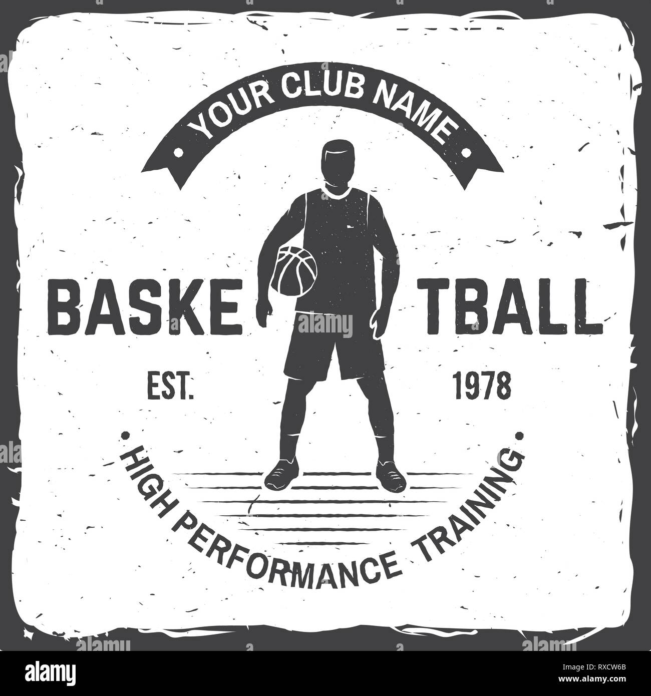 Il Basket Club badge. Illustrazione Vettoriale. Concetto di t-shirt, stampare il timbro o il raccordo a t. Vintage design tipografia con il giocatore di basket e basket ball silhouette Illustrazione Vettoriale