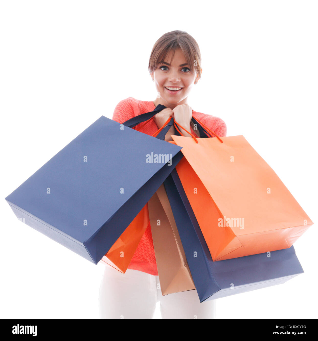 Donna con le borse della spesa isolati su sfondo bianco Foto Stock