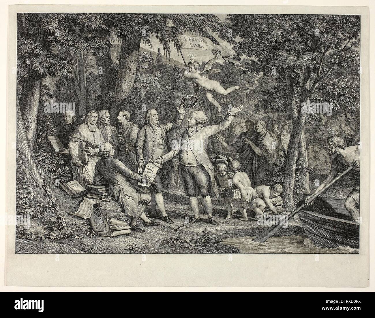 Mirabeau arriva all'Elysian Fields. Louis-Joseph Masquelier (Francese, 1744-1811); dopo Jean Michel Moreau (Francese, 1741-1814). Data: 1792. Dimensioni: 232 × 332 mm (immagine/piastra); 270 × 349 mm (foglio). Incisione in nero su carta velina avorio carta. Provenienza: Francia. Museo: Chicago Art Institute. Foto Stock