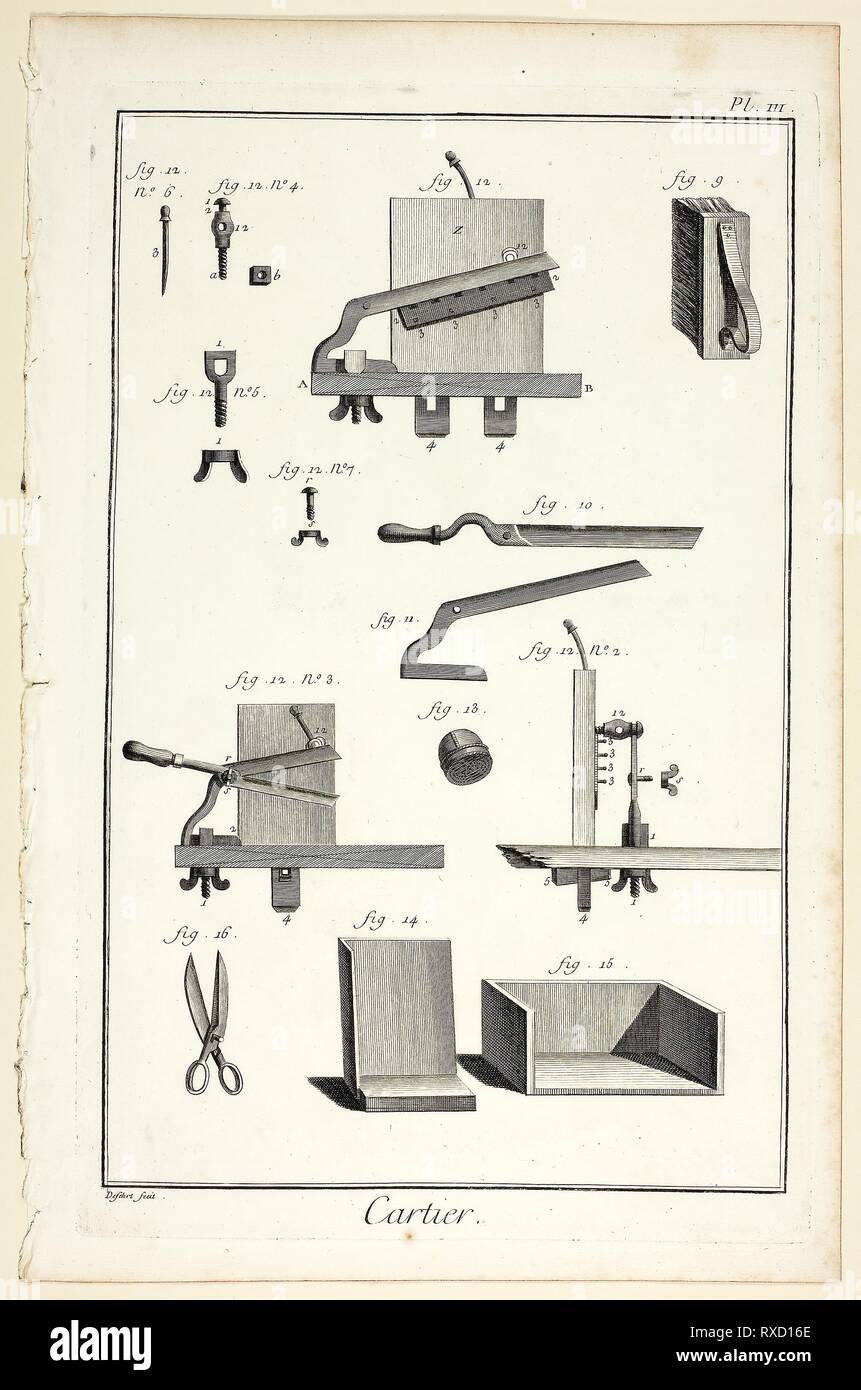 Card-Maker, da Encyclopédie. A. J. Defehrt (francese, attivo del XVIII secolo); pubblicato da André le Breton (Francese, 1708-1779), Michel-Antoine David (francese, c. 1707-1769), Laurent Durand (Francese, 1712-1763), e Antoine-Claude Briasson (Francese, 1700-1775). Data: 1762-1777. Dimensioni: 400 × 260 mm. Incisione su crema di latte di cui la carta. Provenienza: Francia. Museo: Chicago Art Institute. Foto Stock