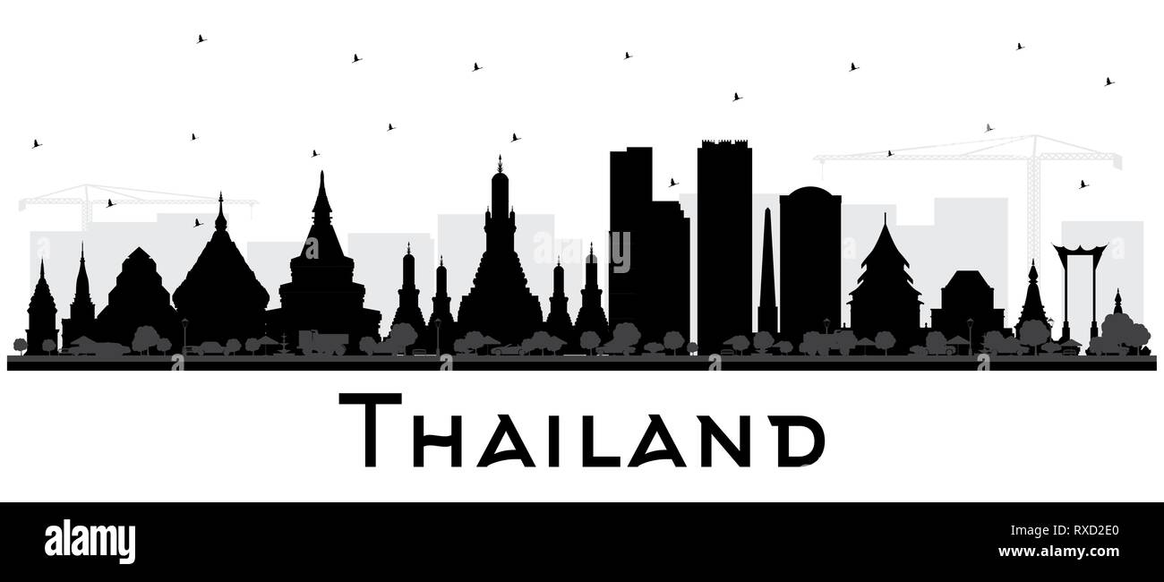 Thailandia skyline della città silhouette nera con edifici isolati su bianco. Illustrazione Vettoriale. Il concetto di turismo con architettura storica. Thailandia. Illustrazione Vettoriale