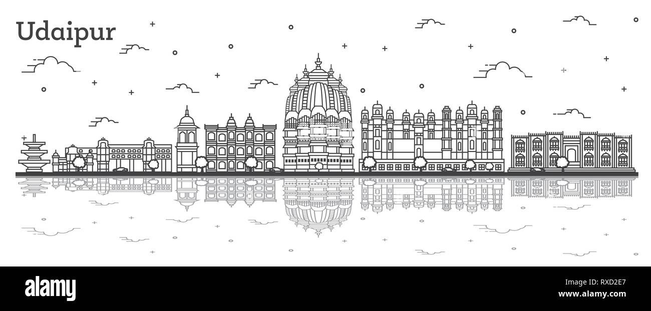 Delineare Udaipur India skyline della città con edifici storici e riflessioni isolato su bianco. Illustrazione Vettoriale. Udaipur Cityscape con punti di riferimento. Illustrazione Vettoriale