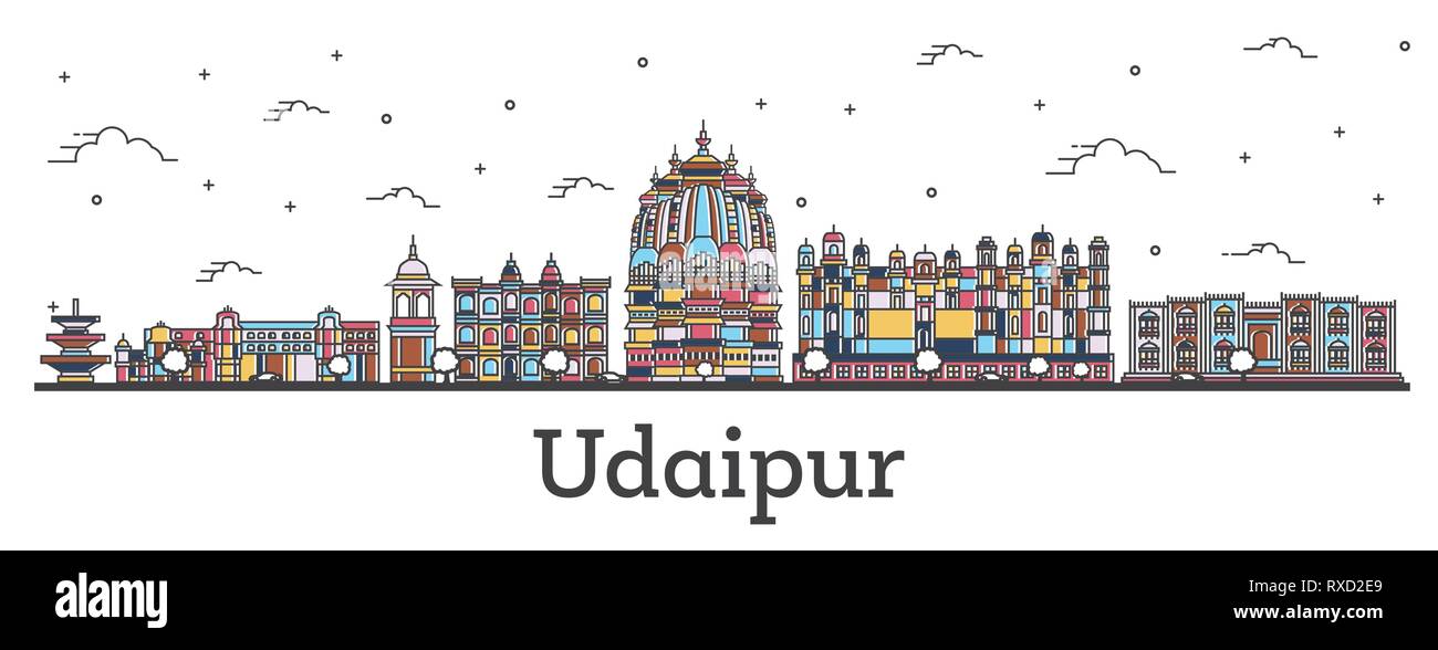 Delineare Udaipur India skyline della città con edifici di colore isolato su bianco. Illustrazione Vettoriale. Udaipur Cityscape con punti di riferimento. Illustrazione Vettoriale