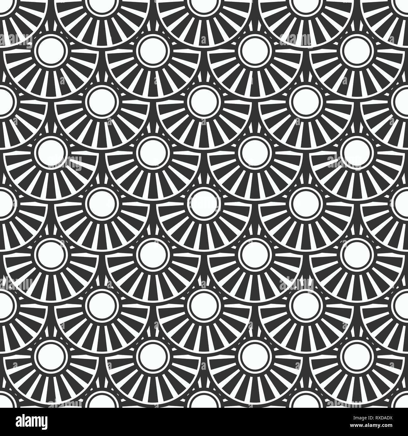 Abstract giapponese senza giunture modello geometrico di cerchi divisi in sezioni. Pesce-scale pattern piastrellato. Motivo orientali. Sfondo del vettore. Illustrazione Vettoriale