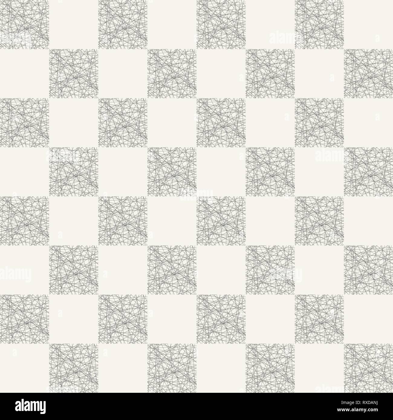 Abstract seamless pattern a strisce di piazze riempite con sequenza casuale di linee. Moderna ed elegante struttura. Geometrico ornamento a scacchi. Vettore. Illustrazione Vettoriale