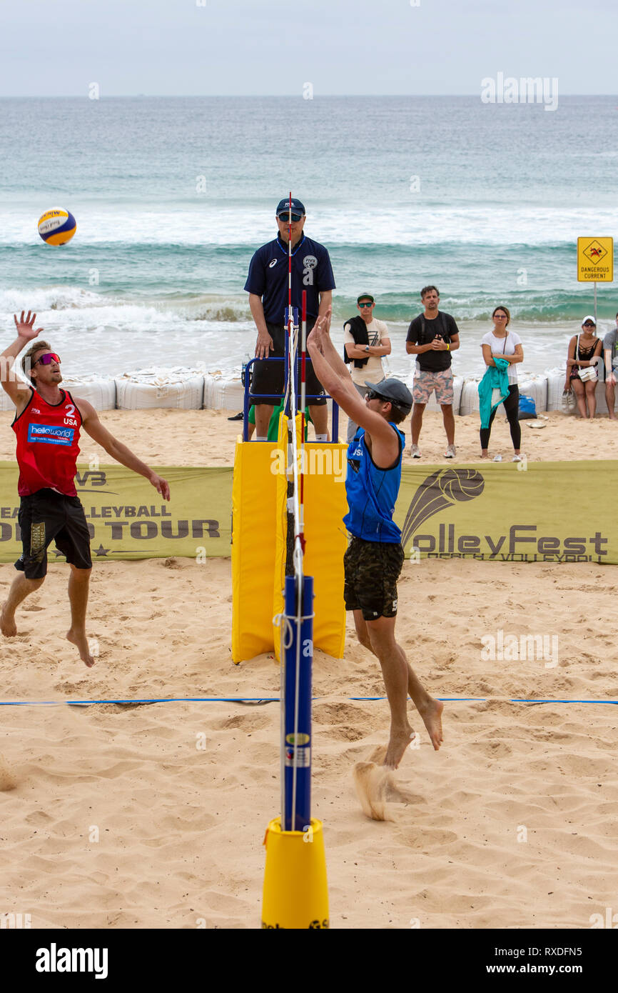 Sydney, Australia. 9 Mar 2019. Quarti di finale giorno a Volleyfest 2019, un FIVB Beach Volleyball World Tour tournament che si terrà per la quinta volta a Manly Beach a Sydney, Australia. Sabato 9 marzo 2019. Credito: martin berry/Alamy Live News Foto Stock