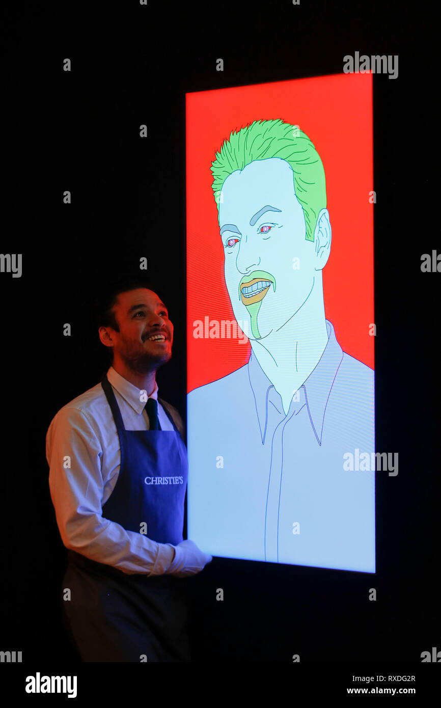 Londra, Regno Unito. 8 Mar 2019. Un Christie's dipendente pone con illustrazioni, precedentemente di proprietà della cantante-cantautore George Michael, un ritratto commissionato Untitled (George), 2007, artista Michael Craig-Martin a casa d'aste Christie's di Londra, Regno Unito, Venerdì, Marzo 08, 2019. Il pezzo fa parte di George Michael serata di raccolta e asta online la prossima settimana. Esso è stimato per ottenere un prezzo massimo di £60.000 foto : © Luca MacGregor Credit: Luke MacGregor/Alamy Live News Foto Stock