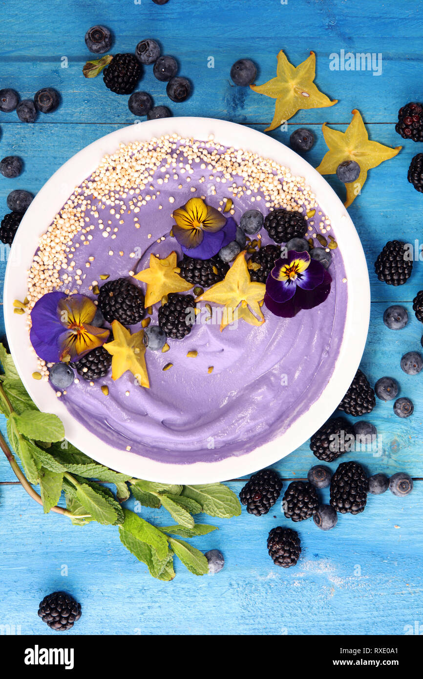 In casa sano materie vegan banana e berry ice cream (gelato, nicecream) e rabboccato con organici di more e mirtilli sul tavolo Foto Stock In casa sano materie vegan banana e berry ice cream (gelato, nicecream) e rabboccato con organici di more e mirtilli sul tavolo Foto Stock