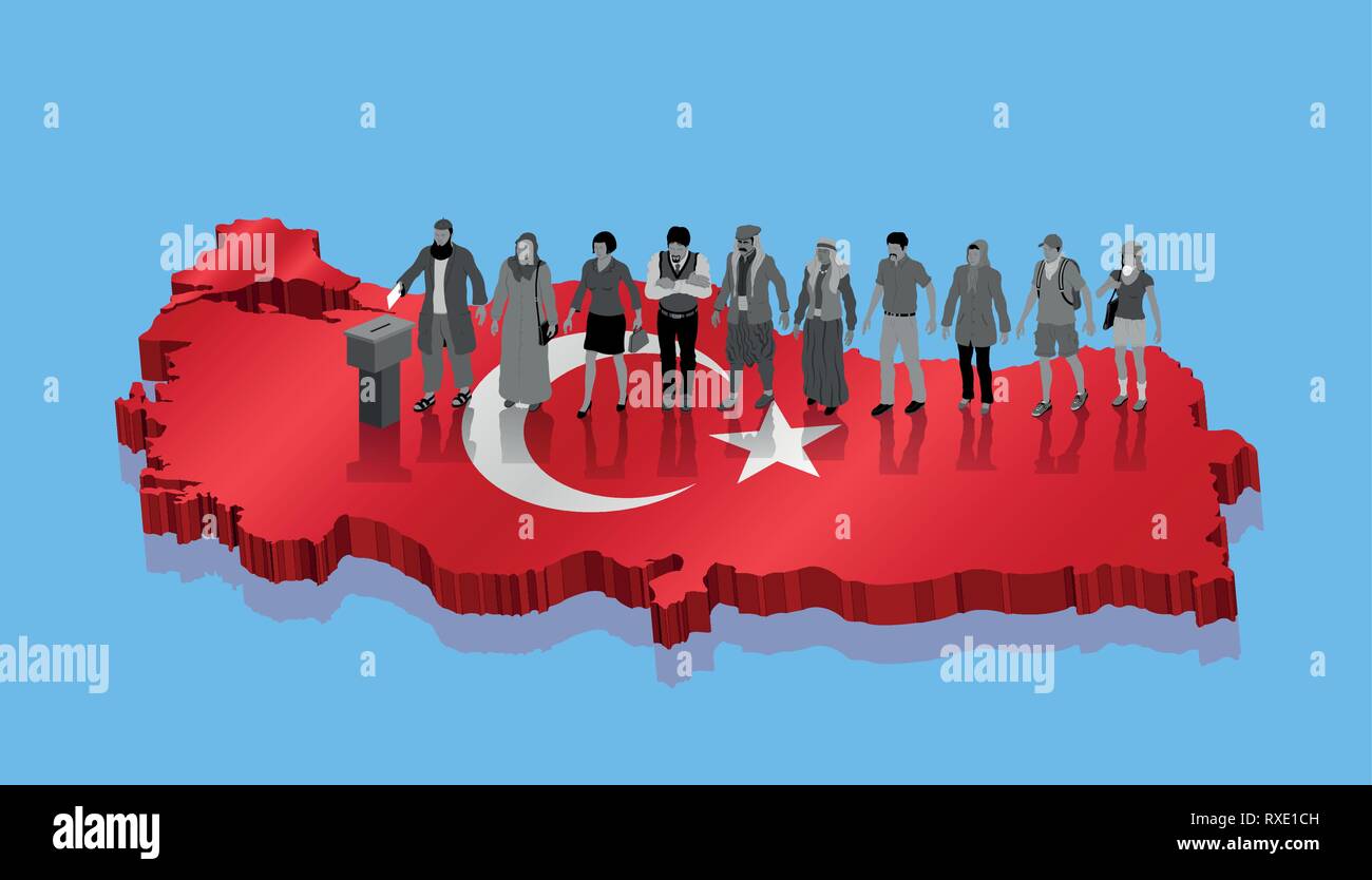 Bagno turco gli elettori votano per la Turchia elezione su mappa 3D. Tutti gli oggetti, le ombre e lo sfondo sono in diversi strati. Illustrazione Vettoriale