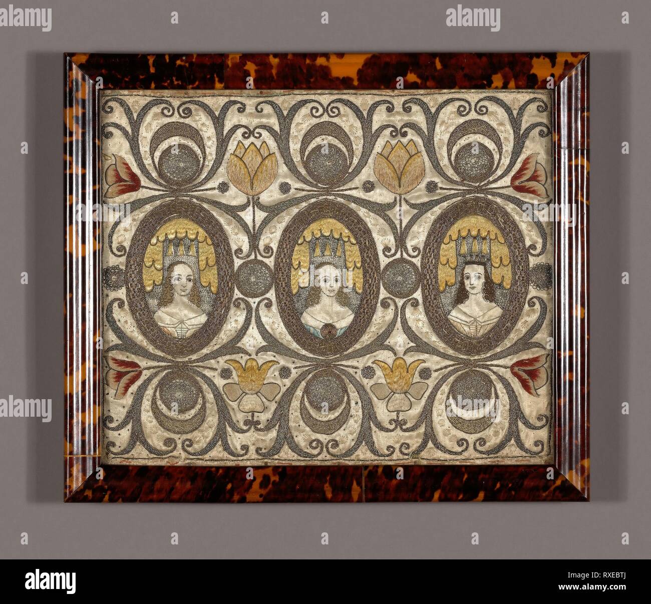 Immagine. In Inghilterra. Data: 1625-1675. Dimensioni: 30,8 × 36,1 cm (12 1/8 × 14 1/4 in.). Seta, warp-galleggiante di fronte 4:1 raso; ricamato in seta, dorate-metallo purl, e dorate-metallo a striscia di seta avvolto in esecuzione, satinata e split maglie; adagiandosi. Origine: Inghilterra. Museo: Chicago Art Institute. Foto Stock