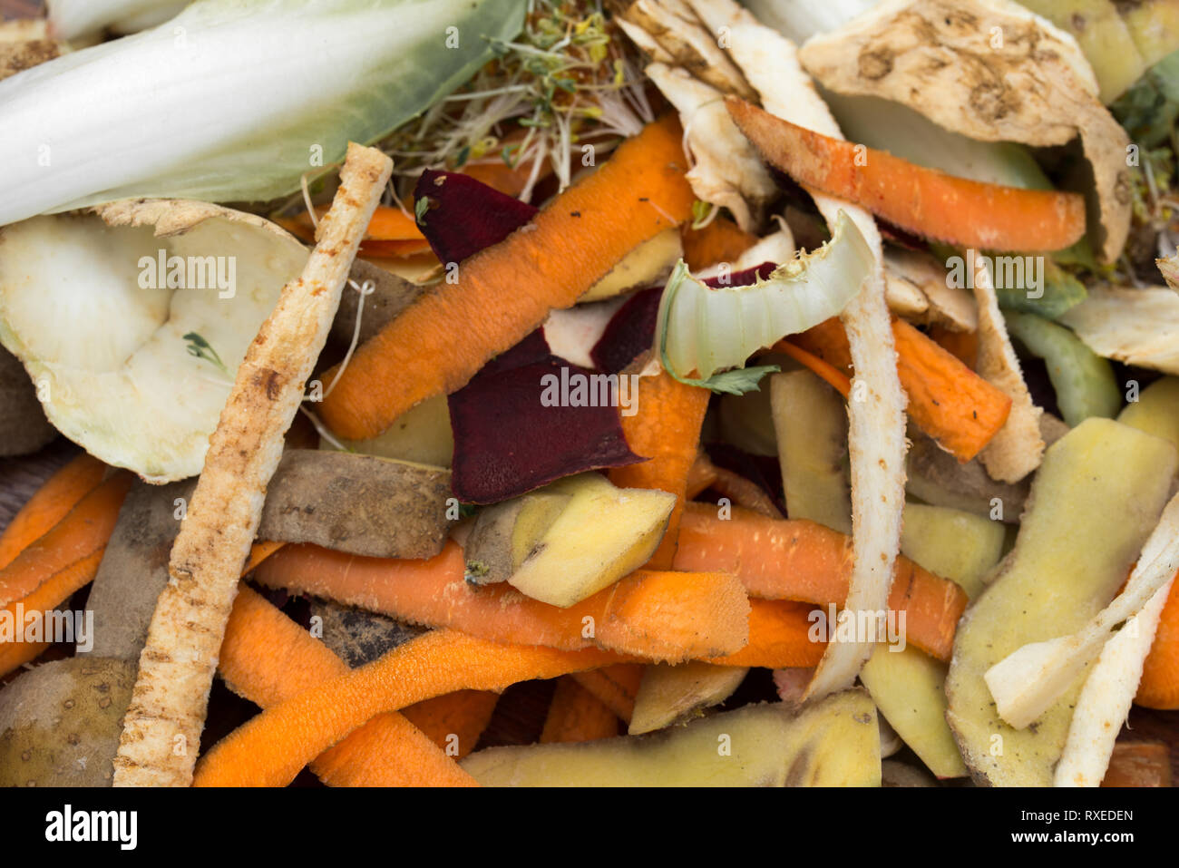 Vegetali bucce di marcio nella pila di compostaggio Foto Stock