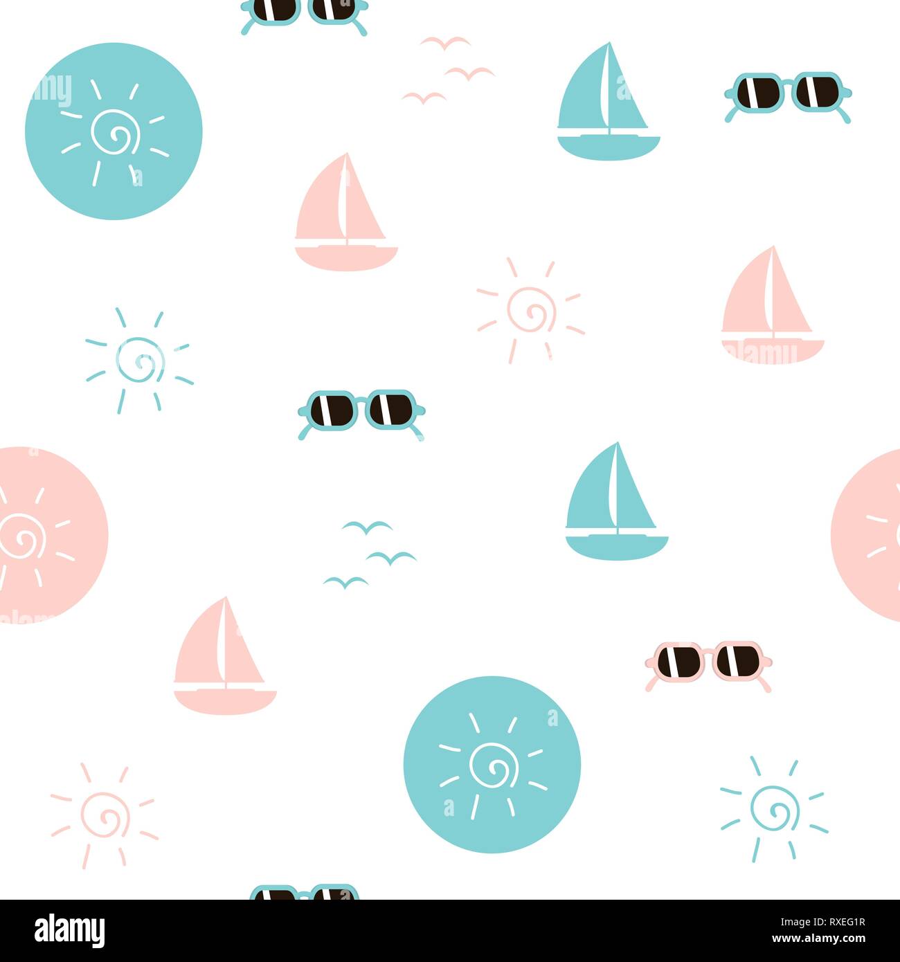 Modello di perfetta vita di spiaggia barca vela occhiali da sole e simbolo del sole illustrazione vettoriale EPS10 Illustrazione Vettoriale