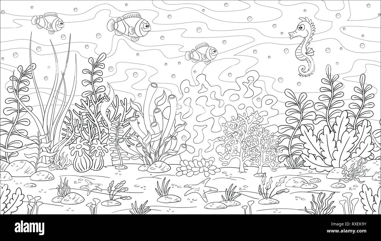 Libro da colorare paesaggio sottomarino. Disegnare a mano illustrazione vettoriale con strati separati. Illustrazione Vettoriale