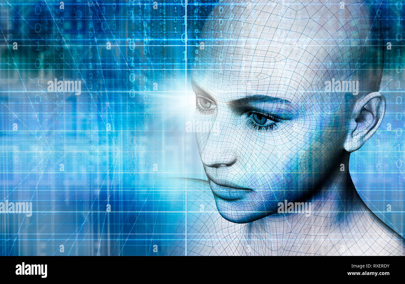 Femmina testa umanoide come concetto di intelligenza artificiale, le future generazioni di esseri umani e creata digitalmente personas Foto Stock