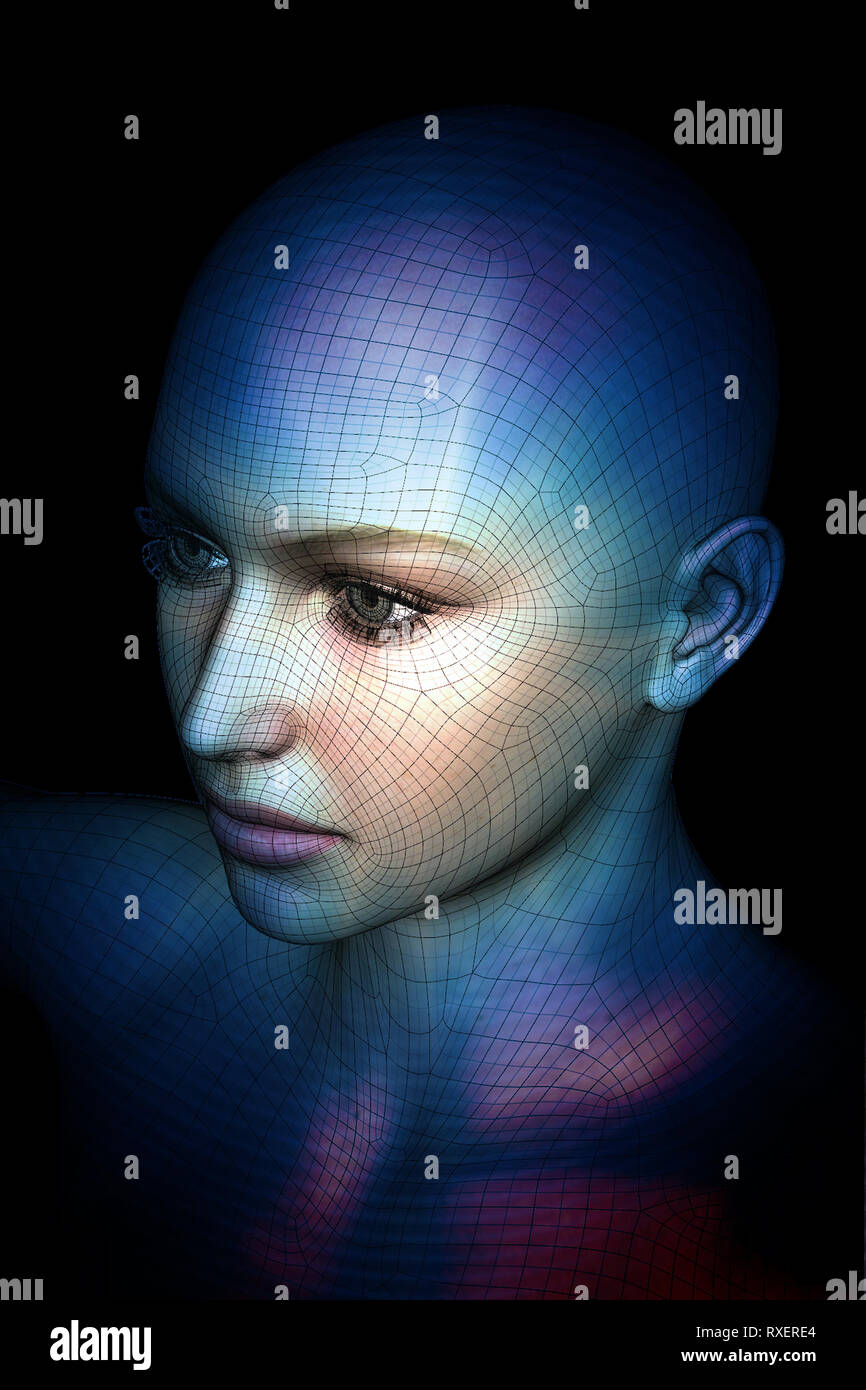 Femmina testa umanoide come concetto di intelligenza artificiale e le future generazioni di esseri umani e creata digitalmente personas Foto Stock