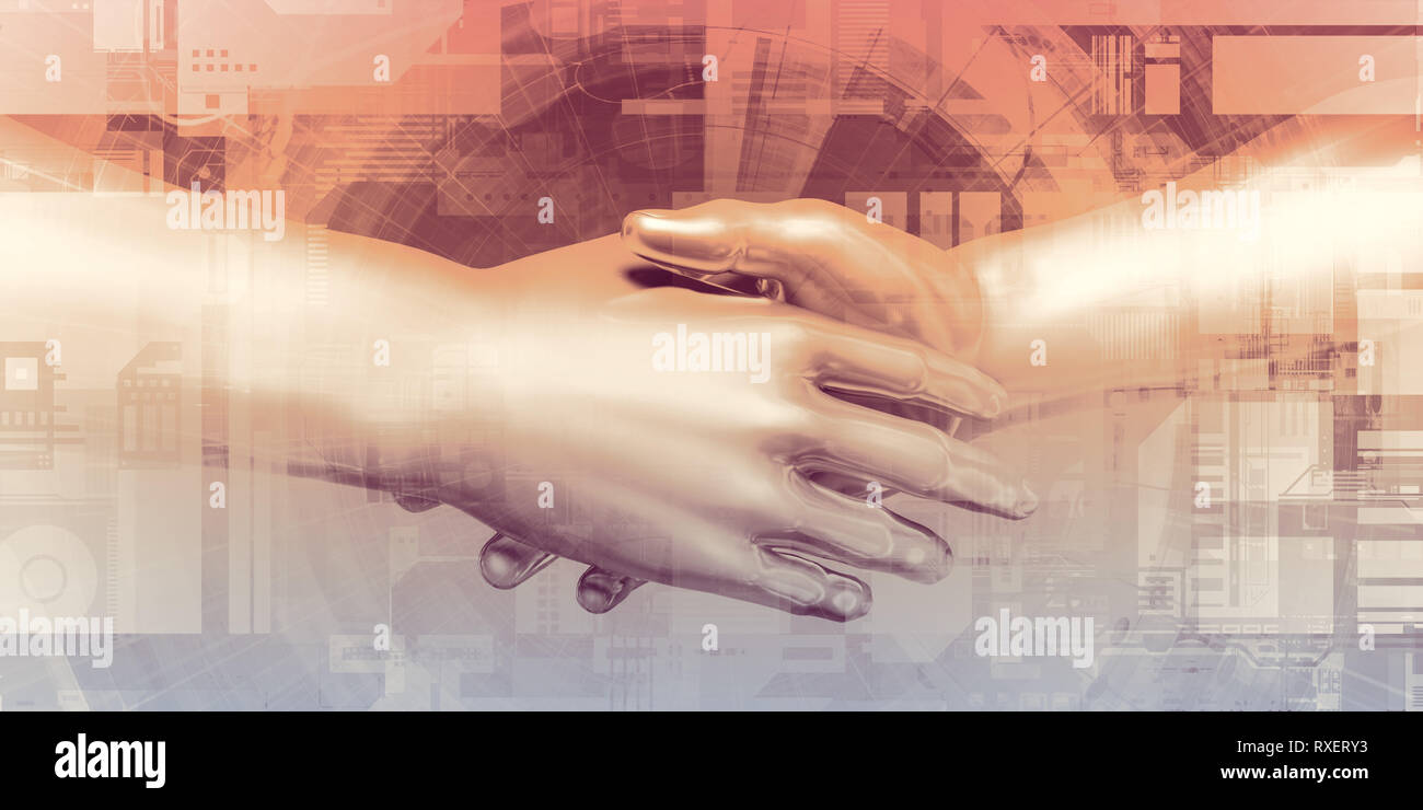 Partenariato digitale con handshake tra uomo e macchina Foto Stock
