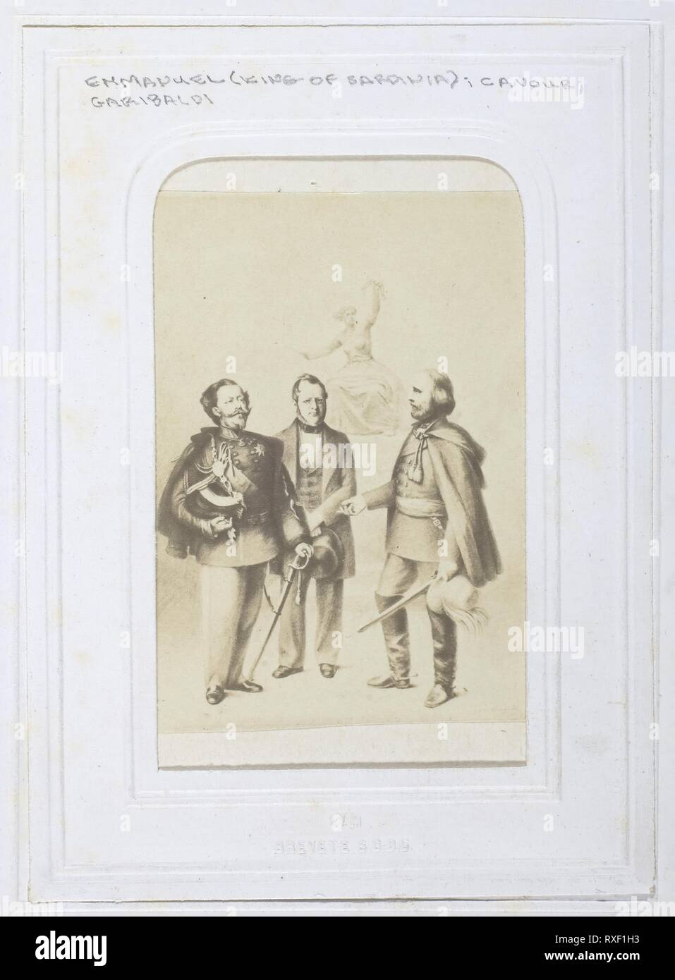 Vittorio Emanuele II Re di Sardegna, Giuseppe Garibaldi e Camillo Benso Conte di Cavour. Artista sconosciuto; europea attiva 1860s. Data: 1860-1869. Dimensioni: 7,4 × 5,6 cm (immagine/carta); 9,8 × 6,4 cm (mount). Albume stampa. Origine: . Museo: Chicago Art Institute. Foto Stock