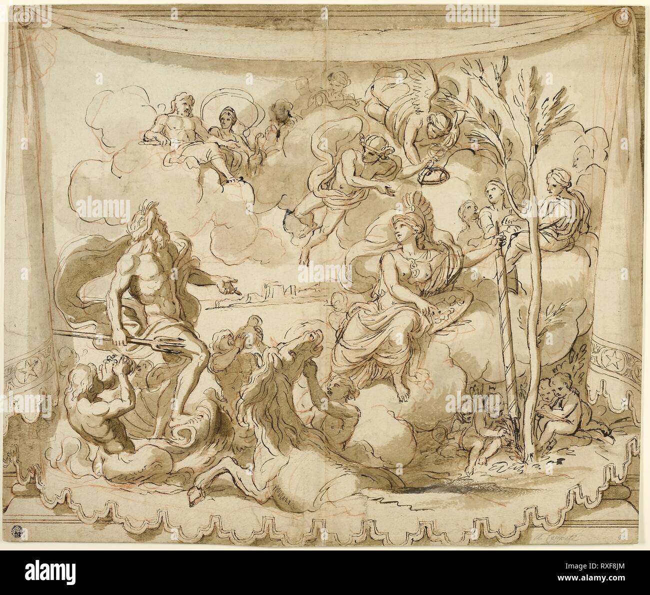 Nettuno e Minerva discutendo la fondazione di Atene. Attribuito a o un seguace di Charles Le Brun; francese, 1619-1690. Data: 1632-1661. Dimensioni: 450 × 532 mm. Penna e inchiostro bruno, con pennello, marrone lavare e gesso rosso, la crema di cui la carta. Provenienza: Francia. Museo: Chicago Art Institute. Foto Stock