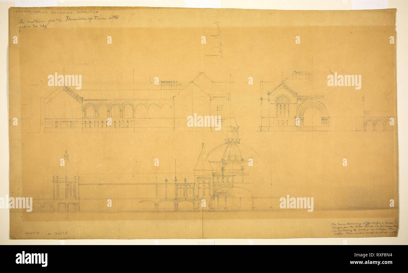 Proposta di museo di Belle Arti del Mondo Columbian Exposition, Chicago, Illinois, schizzi di elevazione. John Wellborn Root; American, 1850-1891. Data: 1885-1896. Dimensioni: 45,7 × 77 cm (18 × 30 5/16 in.). Grafite su carta di Manila. Origine: Stati Uniti. Museo: Chicago Art Institute. Foto Stock