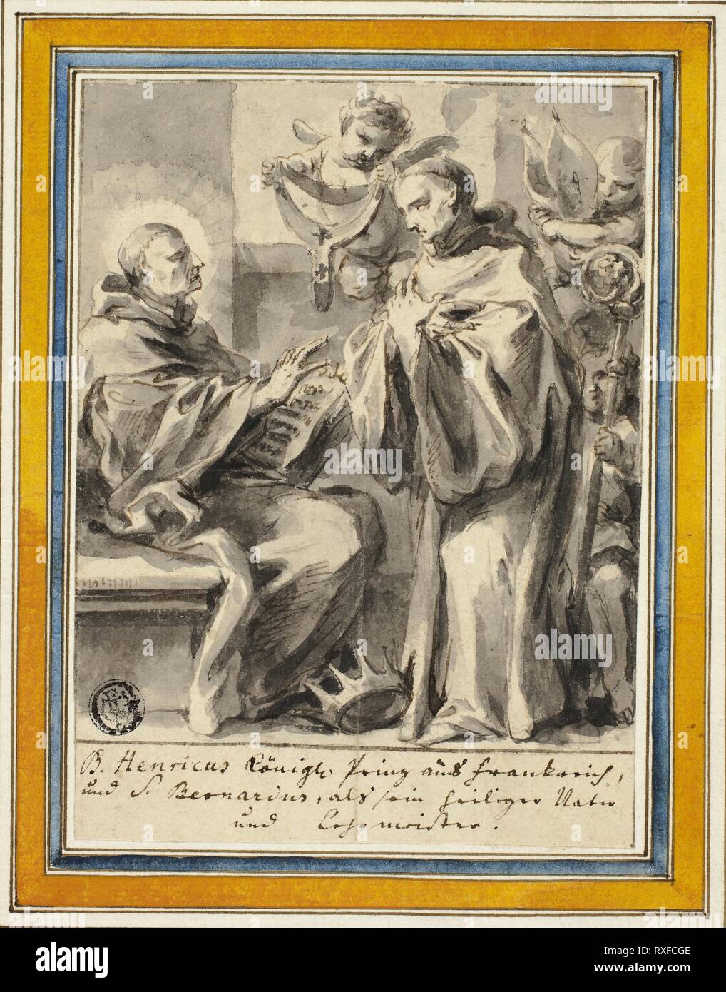 Il re Enrico di Francia e di san Bernardo di Chiaravalle. Eventualmente Johann Christoph Lischka (boemo, 1650-1712); o Gottfried Bernhard Goetz (Tedesco, 1708-1774); o Jonas Umbach il sambuco (Tedesco, 1624-1693). Data: 1650-1712. Dimensioni: 139 × 103 mm. Penna e nero e inchiostro marrone, con spazzola e grey wash, oltre le tracce di gesso rosso, la crema di cui carta, stabilite su avorio di cui la carta. Origine: Germania. Museo: Chicago Art Institute. Foto Stock