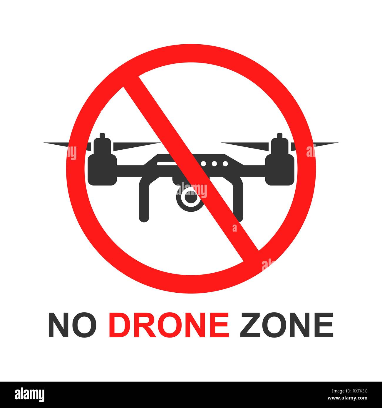 Nessuna zona di drone segno icona in stile appartamento. Divieto Quadrocopter illustrazione vettoriale bianco su sfondo isolato. Elicottero volo proibita la concezione di business Illustrazione Vettoriale