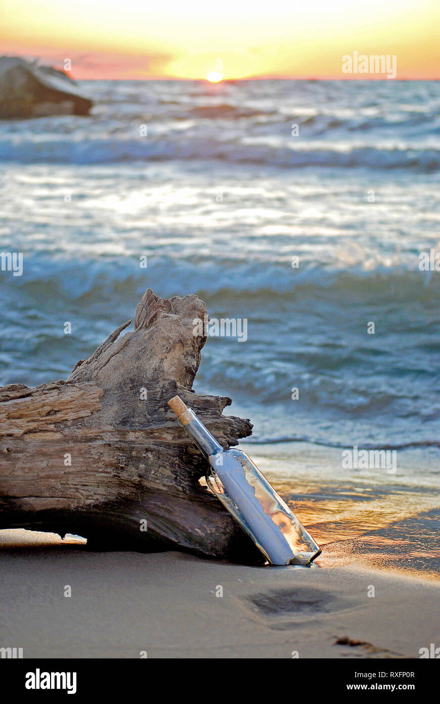 Un messaggio in bottiglia e driftwood log sulla spiaggia Foto Stock
