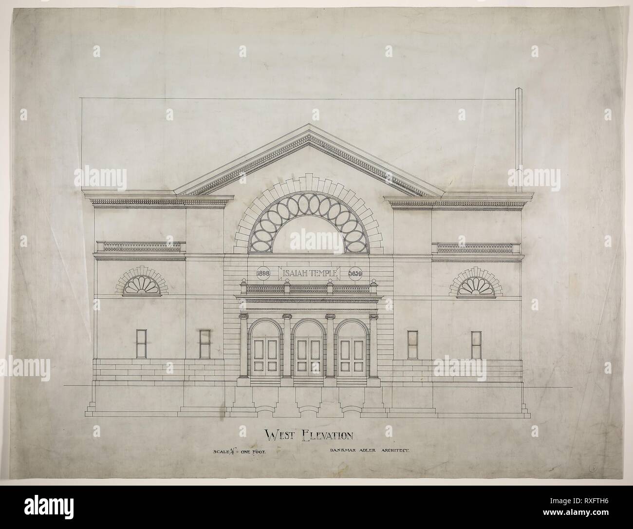 Tempio di Isaia, Chicago, Illinois, alternativo a ovest di elevazione. Dankmar Adler; American, 1844-1900. Data: 1898-1899. Dimensioni: 63,5 × 82,6 cm (25 × 32 1/2 in.). Nero e marrone inchiostro sulla biancheria. Origine: Chicago. Museo: Chicago Art Institute. Foto Stock