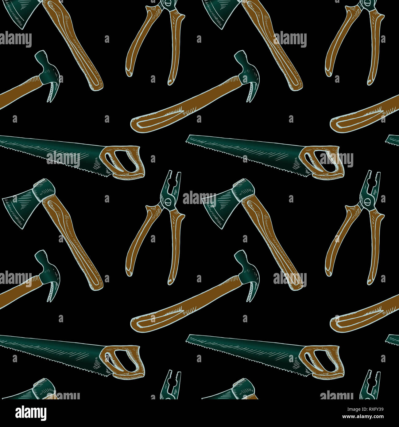 Handsaw, martello, pinze e ax, seamless pattern design, disegnati a mano doodle, schizzo in pop art style, Illustrazione a colori, su sfondo nero Foto Stock