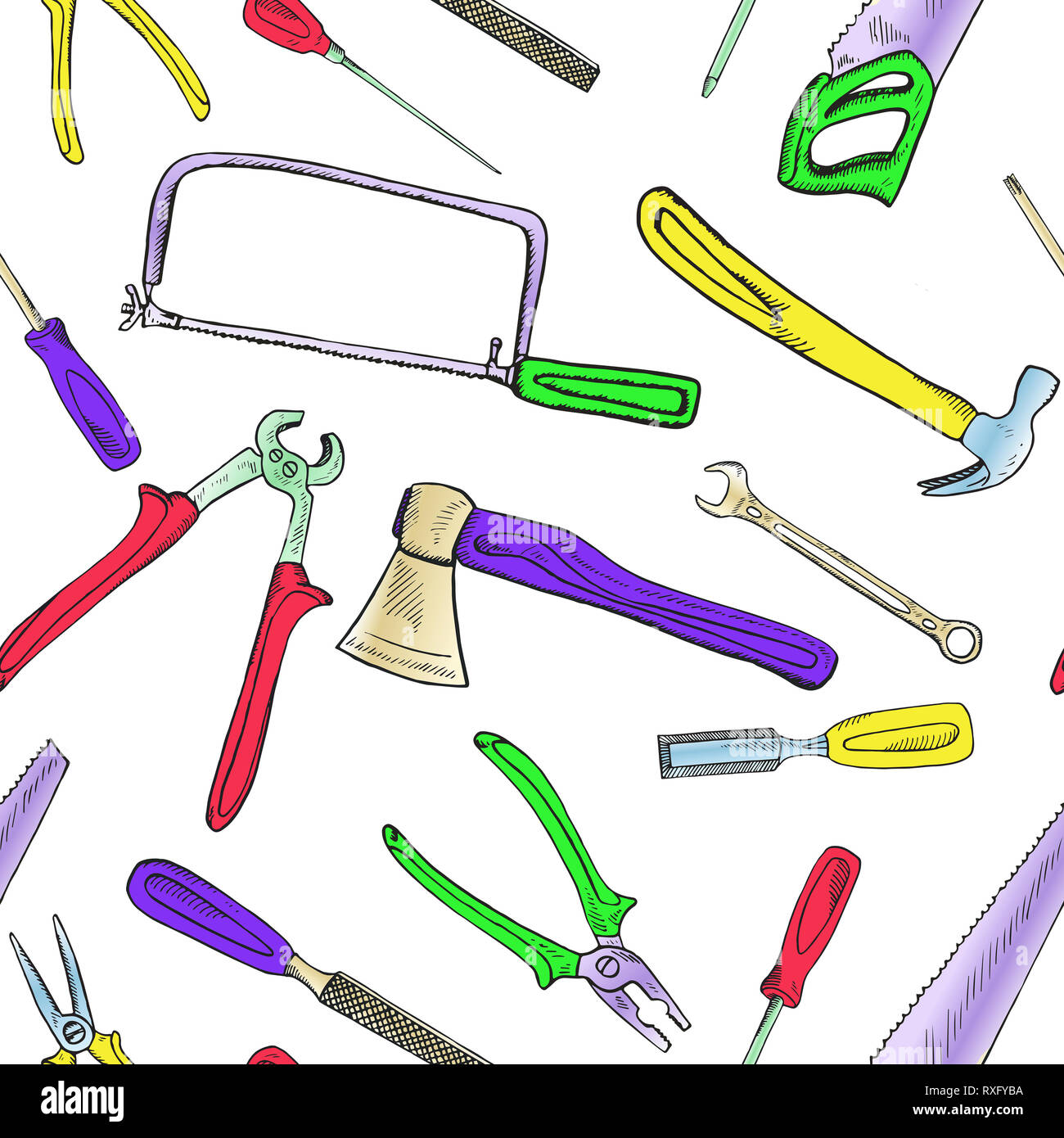 Handsaw, affrontando sega, scalpello bradawl, martello, file, cacciavite, chiave, pinze e ax, seamless pattern design, disegnati a mano doodle, schizzo in pop art Foto Stock