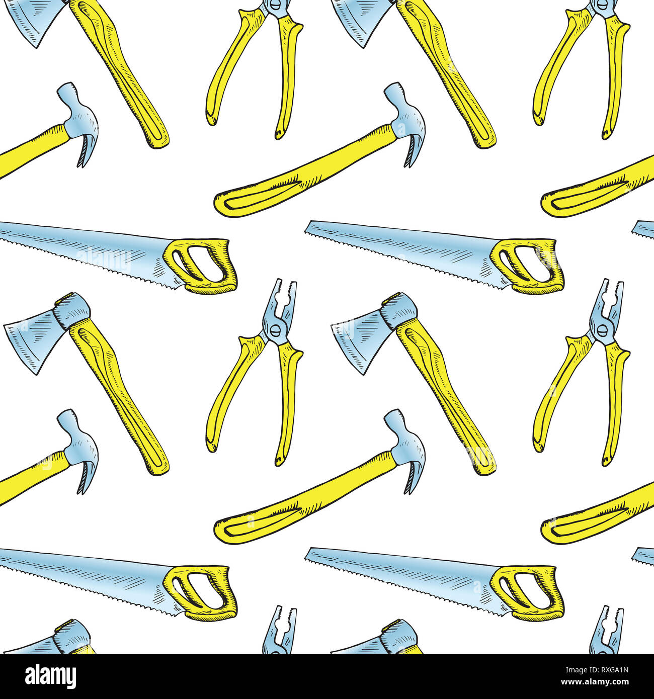 Handsaw, martello, pinze e ax, seamless pattern design, disegnati a mano doodle, schizzo in pop art style, Illustrazione a colori, sfondo bianco Foto Stock