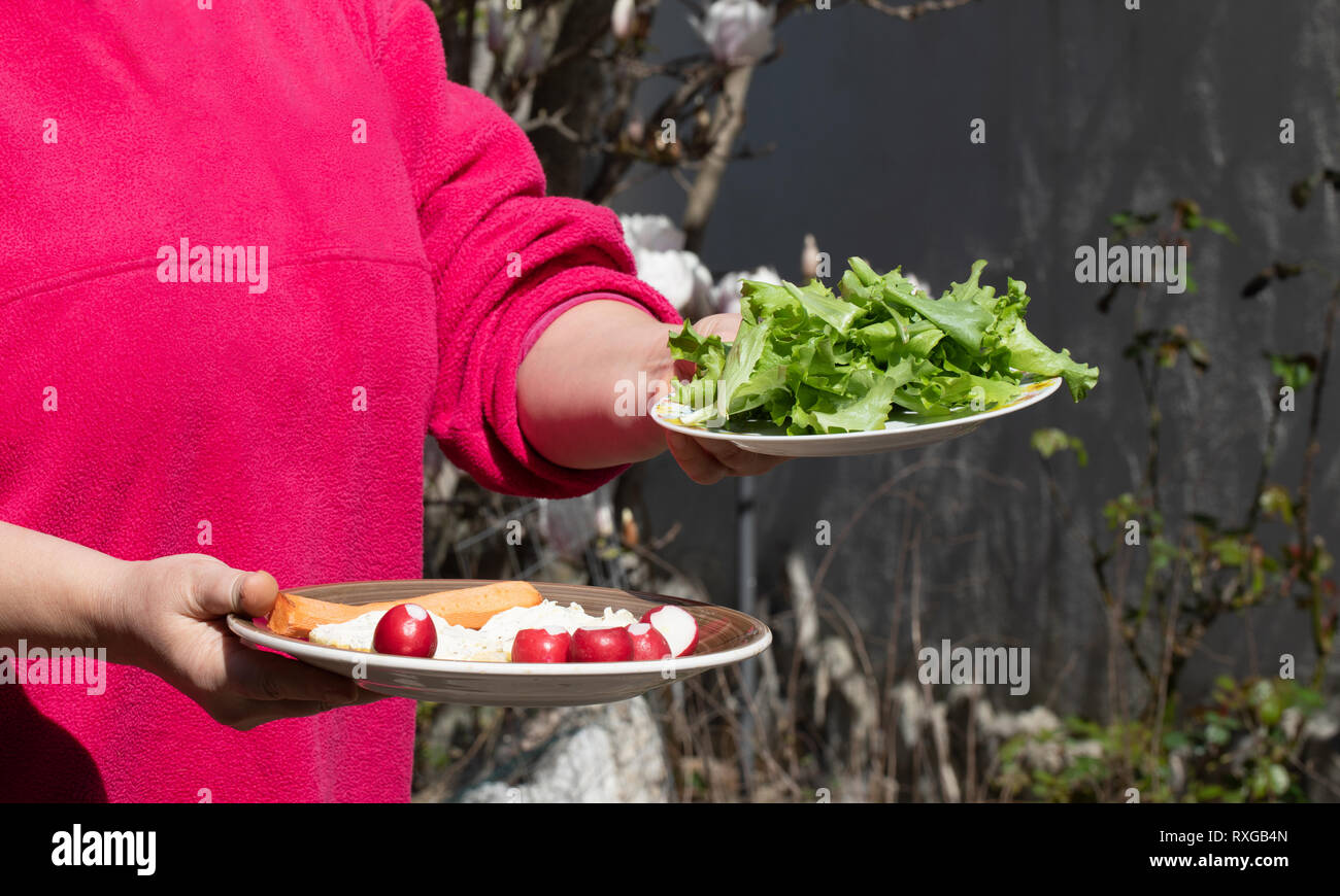 La molla cibo, mangiare fuori, il concetto di dieta. Donna portando a tavola nel giardino due piastre con formaggio, ravanelli e lattuga fresca. Foto Stock