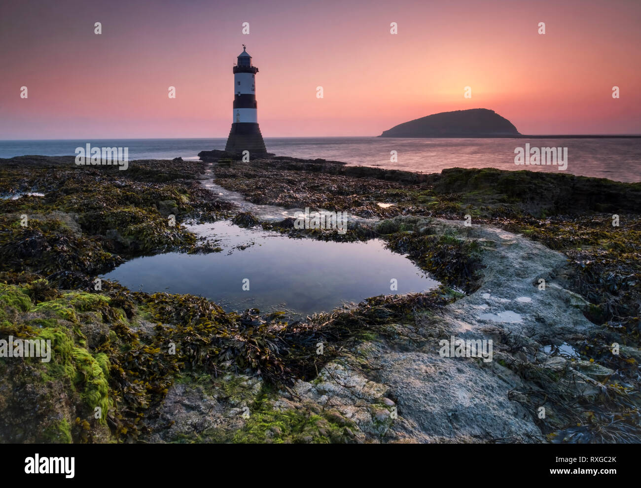 Trwyn Du faro o Penmon Point Lighthouse & Puffin Island presso sunrise, Penmon, Anglesey, Galles del Nord, Regno Unito Foto Stock