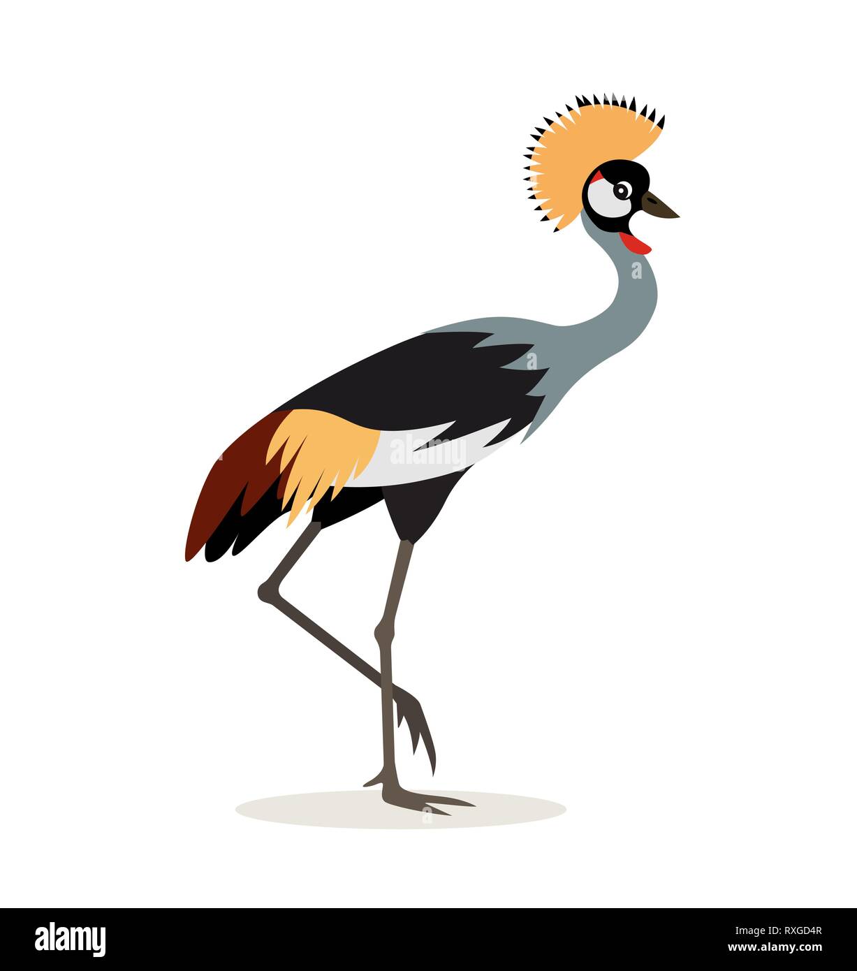Animali africani, bella colorata Crowned Crane isolati su sfondo bianco, uccelli esotici, illustrazione vettoriale in stile appartamento. Illustrazione Vettoriale