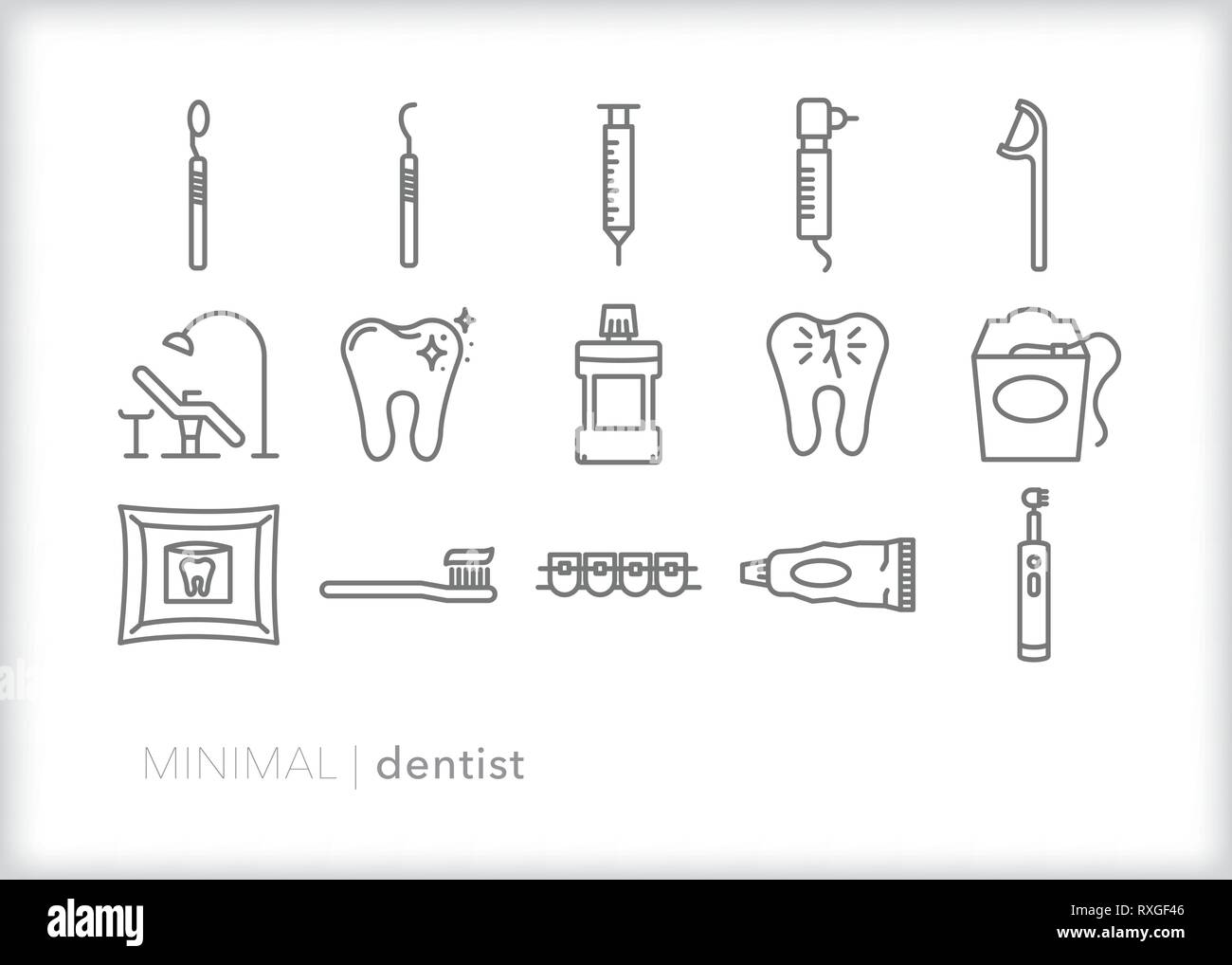 Set di 15 dentista le icone della linea di strumenti per una pulizia annuale Illustrazione Vettoriale
