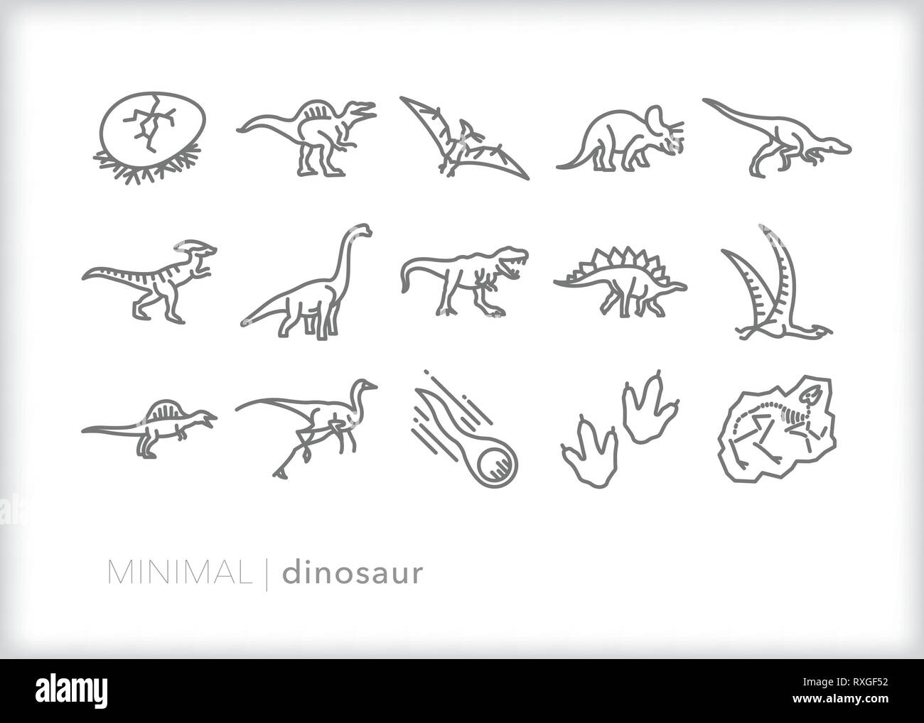Set di 15 linea di dinosauri icone del rettile animali dal Giurassico Illustrazione Vettoriale