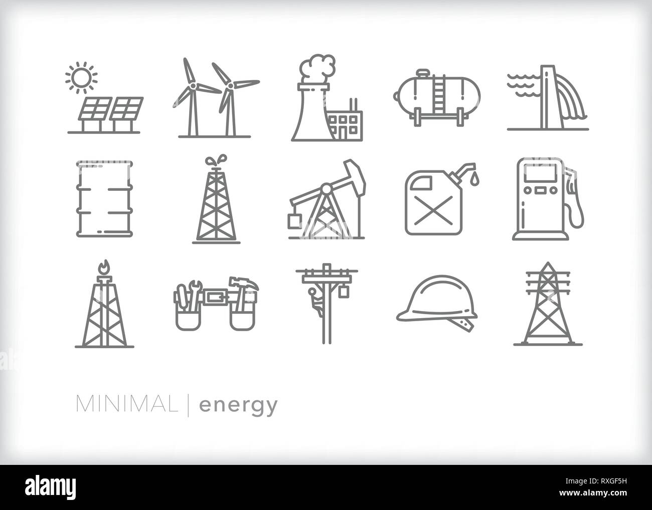 Set di 15 industria energetica le icone della linea comprese le fonti energetiche fossili e di energia del combustibile Illustrazione Vettoriale