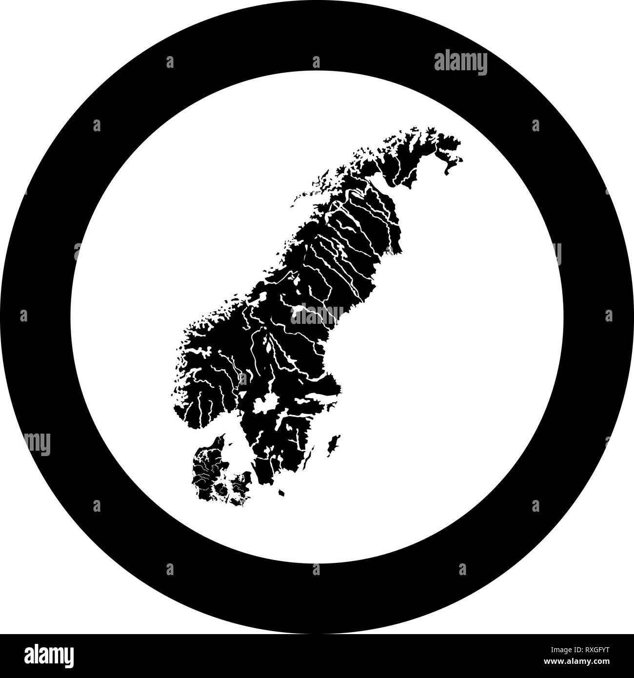 Mappa della Scandinavia icona colore nero vettore in cerchio intorno illustrazione stile piatto semplice immagine Illustrazione Vettoriale