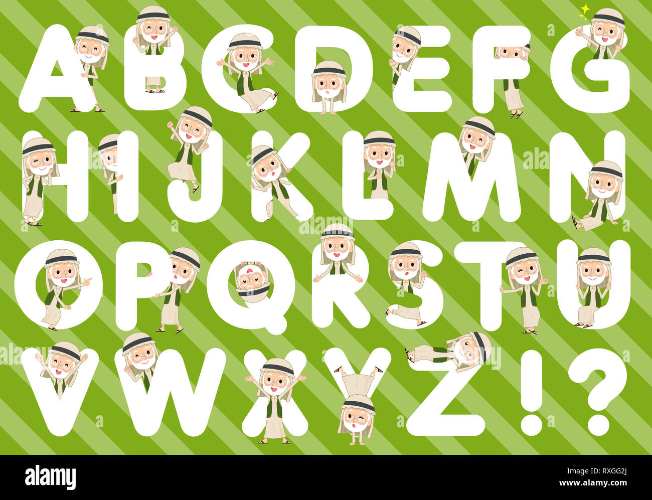 Un set di Arabian uomini anziani progettato con alfabeto.caratteri con espressioni di divertimento pone vari pone.it vettore dell'arte così è facile da modificare. Foto Stock
