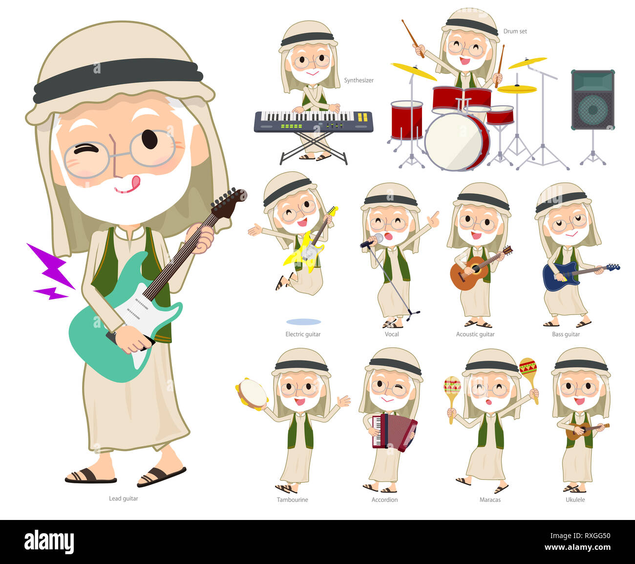 Un set di Arabian uomini anziani suona rock 'n' roll e la musica pop.Ci sono anche diversi strumenti come ukulele e tamburello.it vettore dell'arte così è Foto Stock