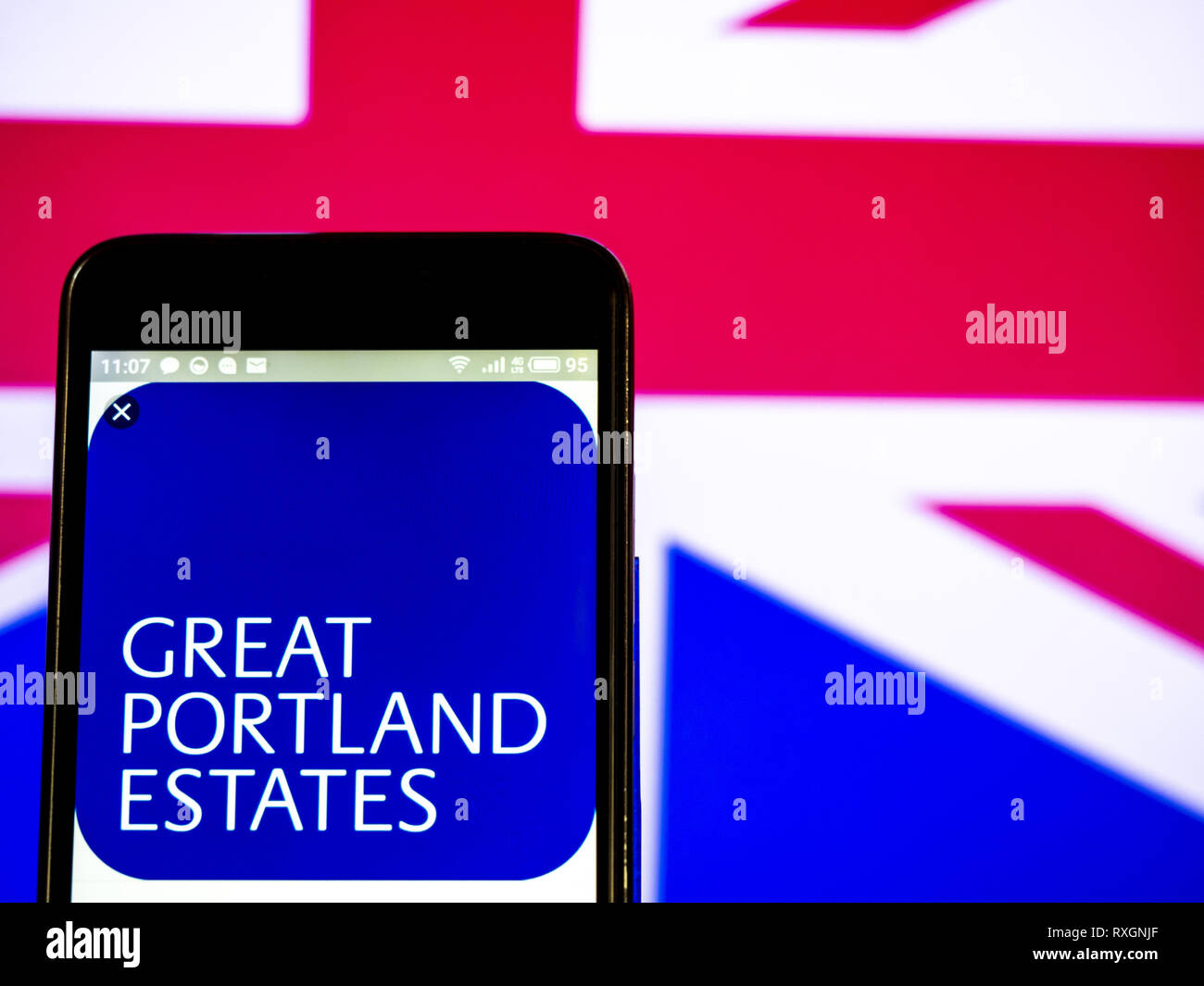 L'Ucraina. 9 Mar, 2019. Great Portland Estates plc logo azienda vede visualizzato su un telefono intelligente. Credito: Igor Golovniov SOPA/images/ZUMA filo/Alamy Live News Foto Stock